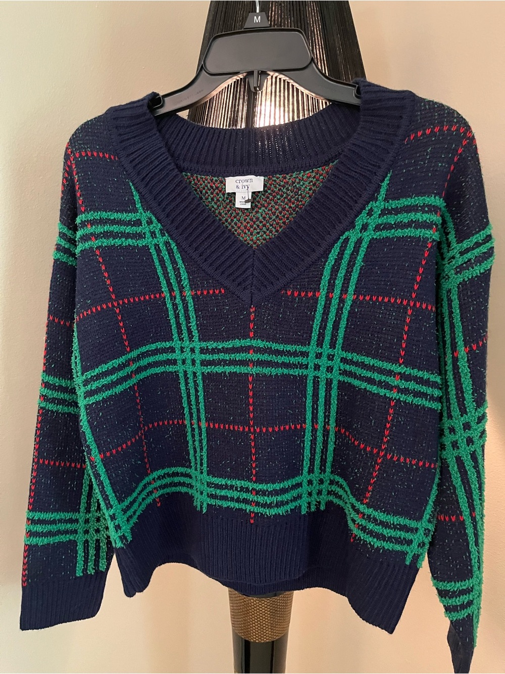 crown & ivy Navy V-Neck Plaid Sweater with Green & Red Accents
